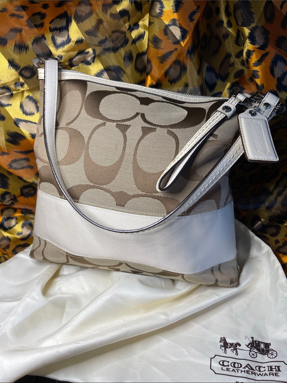 Coach Signature Canvas Shoulder Bag in Khaki and Chalk Trim